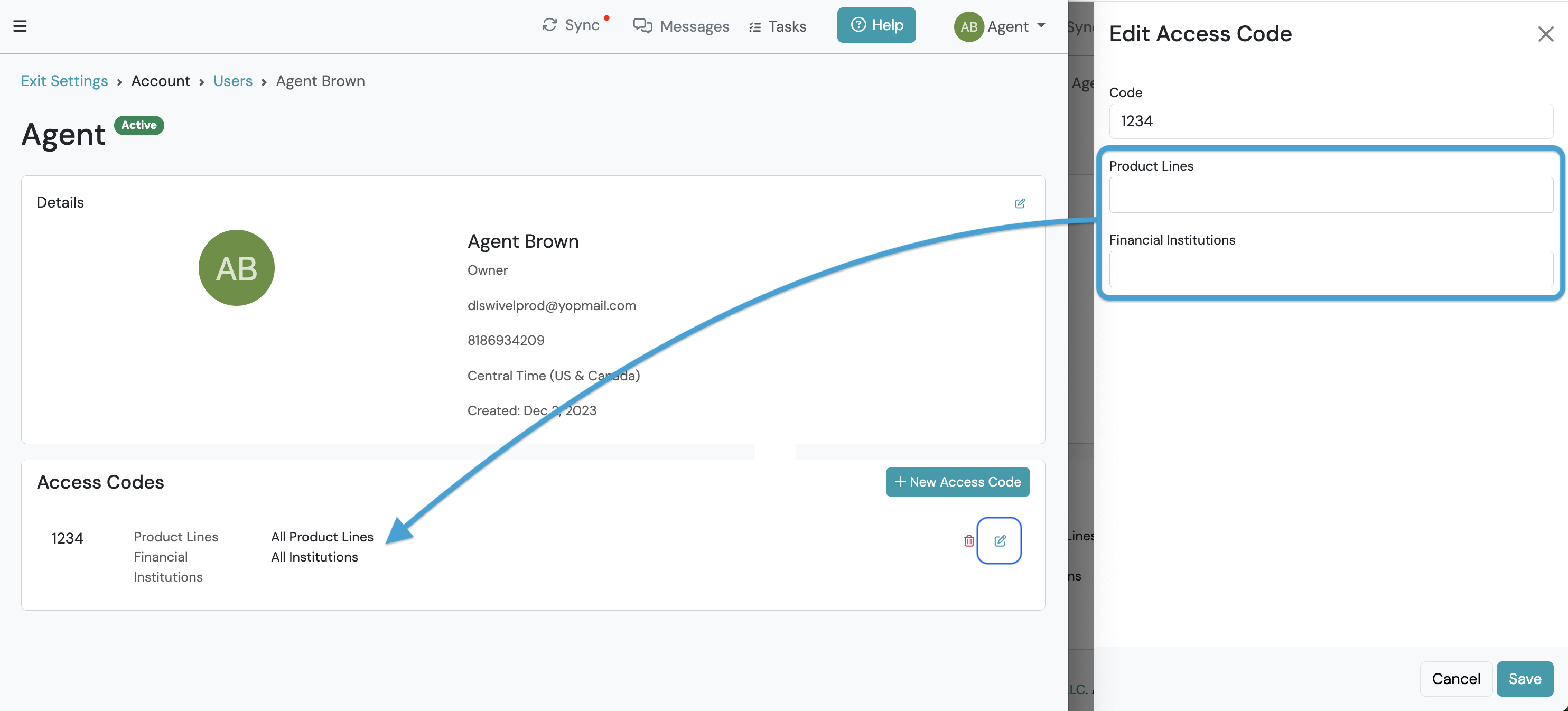 Screenshot: How to Edit a User's Access Codes