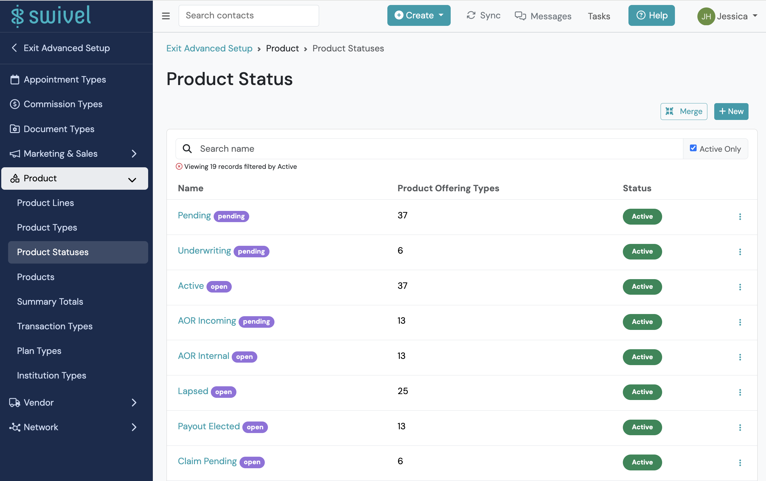 Screenshot: Add a Product Status