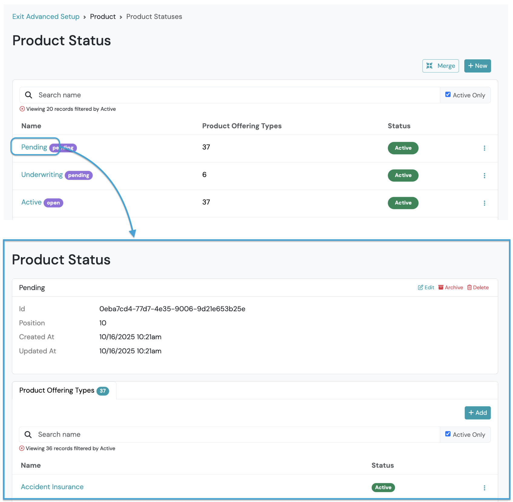 Screenshot: Attaching Product Types to a Product Status