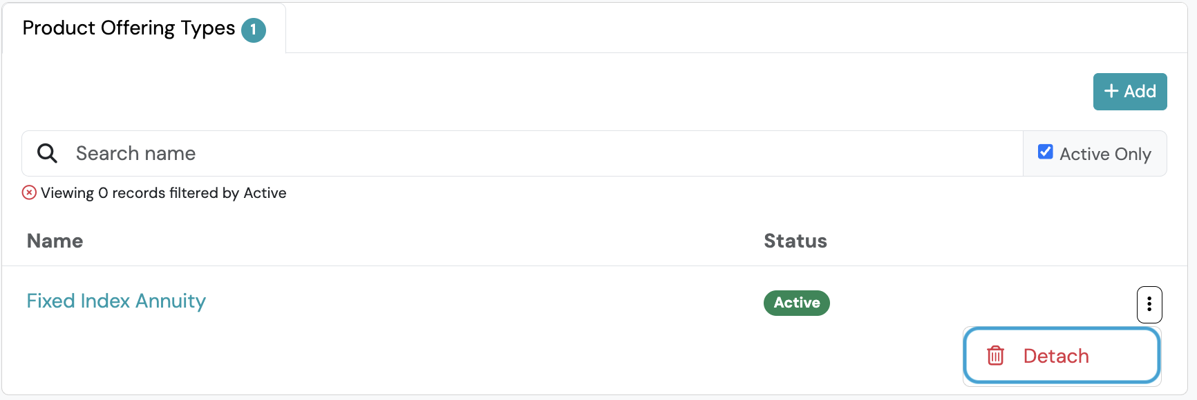 Screenshot: Detaching Product Types from a Product Status