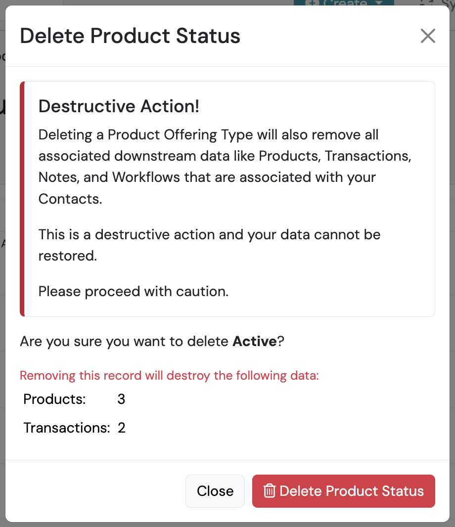Screenshot: Deleting Product Statuses