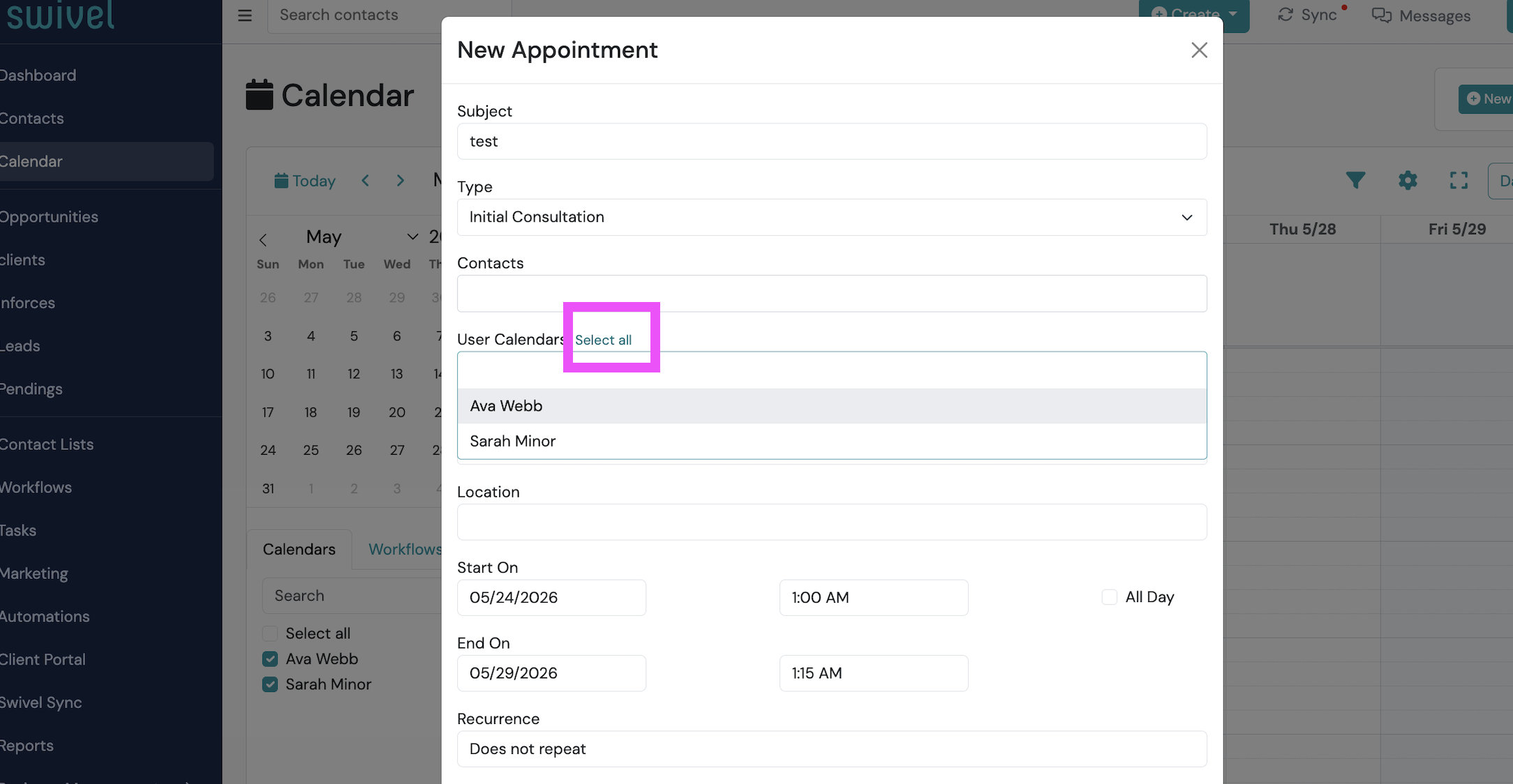 Screenshot: Adding Multiple Users to Appointments and Events