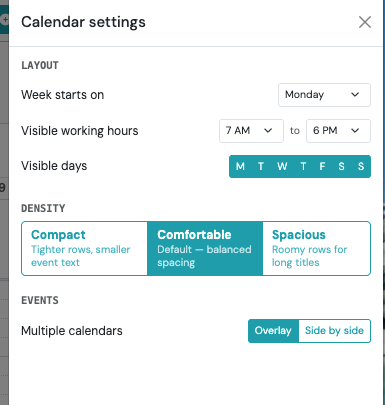 Screenshot: Calendar Display Settings
