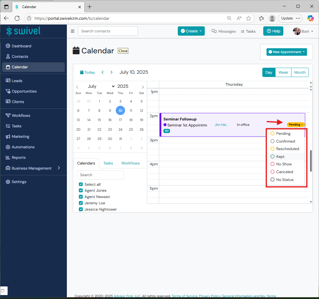Screenshot: How do I notate that an appointment has been completed, rescheduled, confirmed, or cancelled?