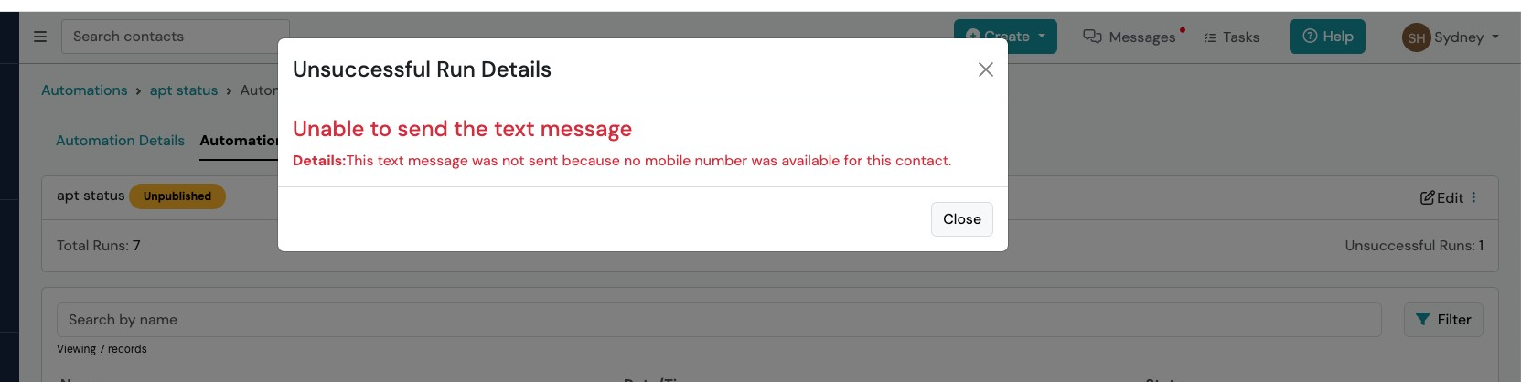 Screenshot: My contact did not receive the automated text.