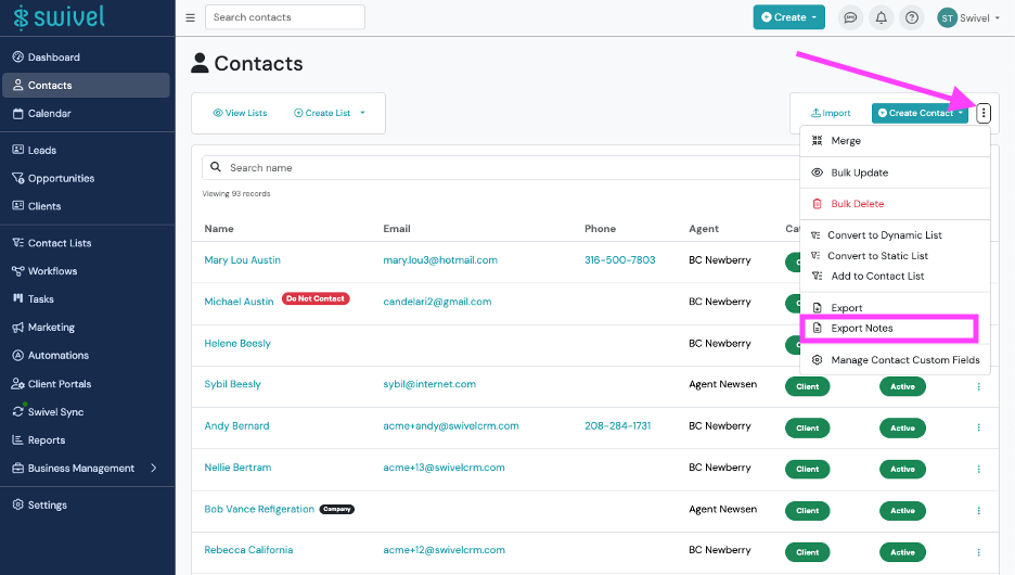 Screenshot: How to Export Contact Notes