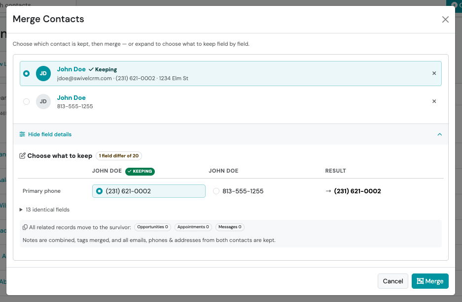 Screenshot: Choose Which Information To Keep