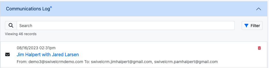 Screenshot: Viewing Emails in the Communication Log