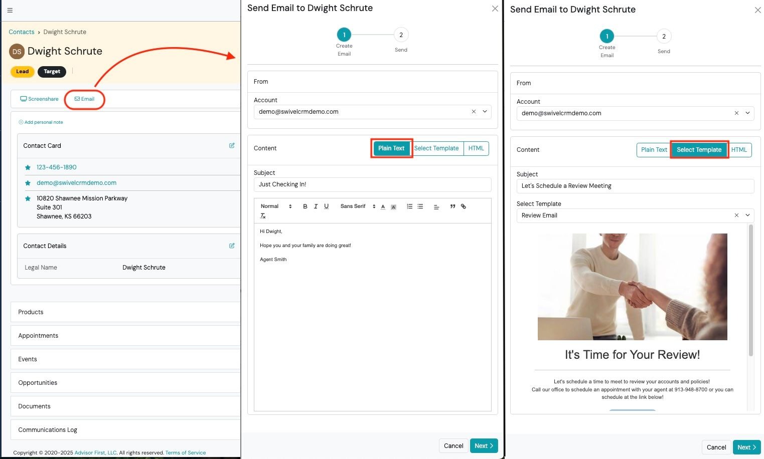 Screenshot: Using Templates for one-on-one emails