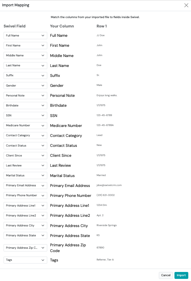 Screenshot: Mapping Import Fields