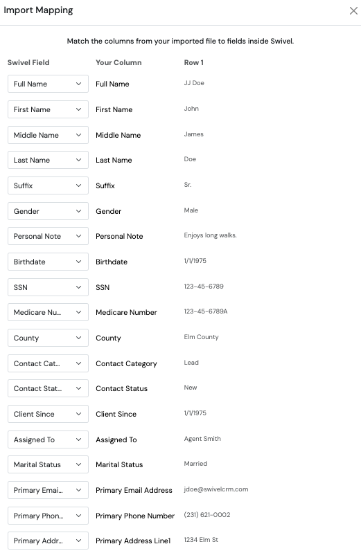 Screenshot: Mapping Import Fields