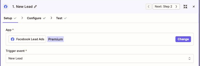 Screenshot: 2. Set "Facebook Lead Ads" as the Trigger