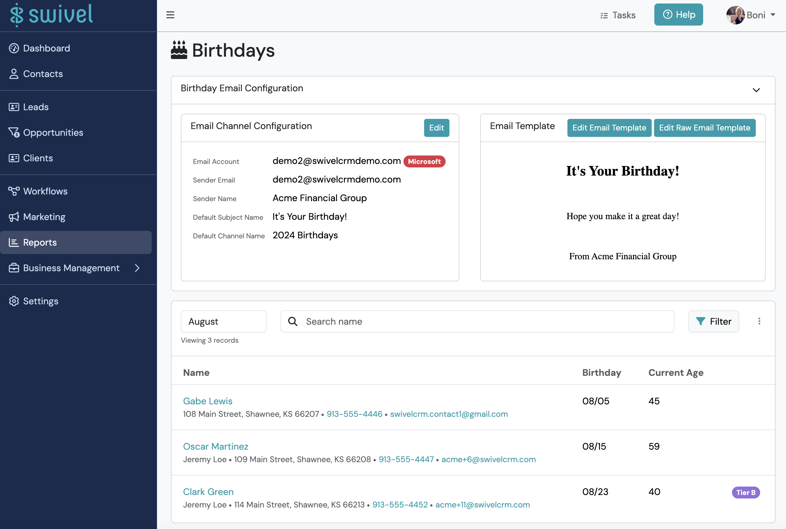 Screenshot: Creating a Birthday Email Campaign
