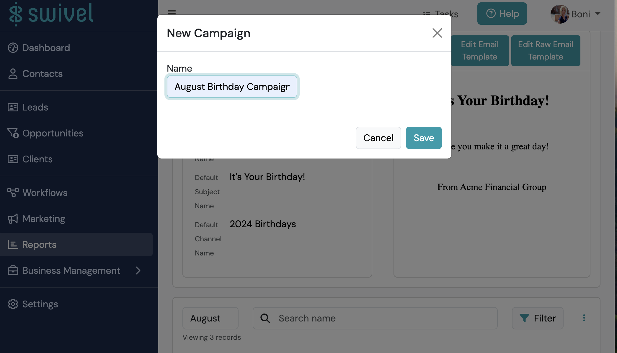 Screenshot: Creating a Birthday Email Campaign