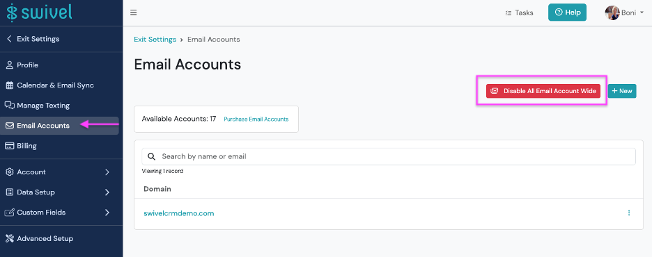 Screenshot: To access the Disable Email Accounts feature: