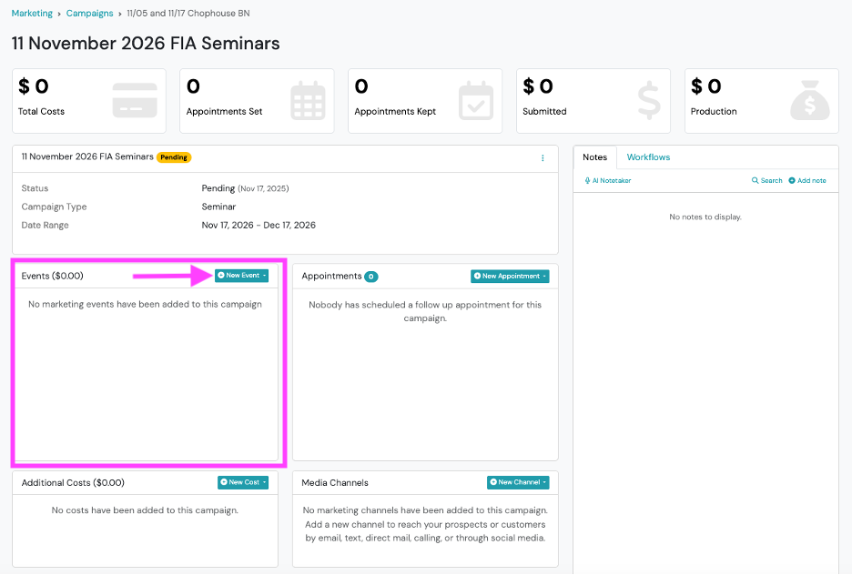 Screenshot: Create an Event from a Campaign