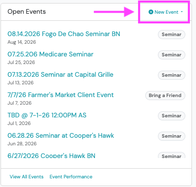 Screenshot: Create an Event from the Open Events Tile