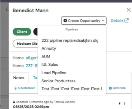 Screenshot: Creating Opportunities from the Contact Preview