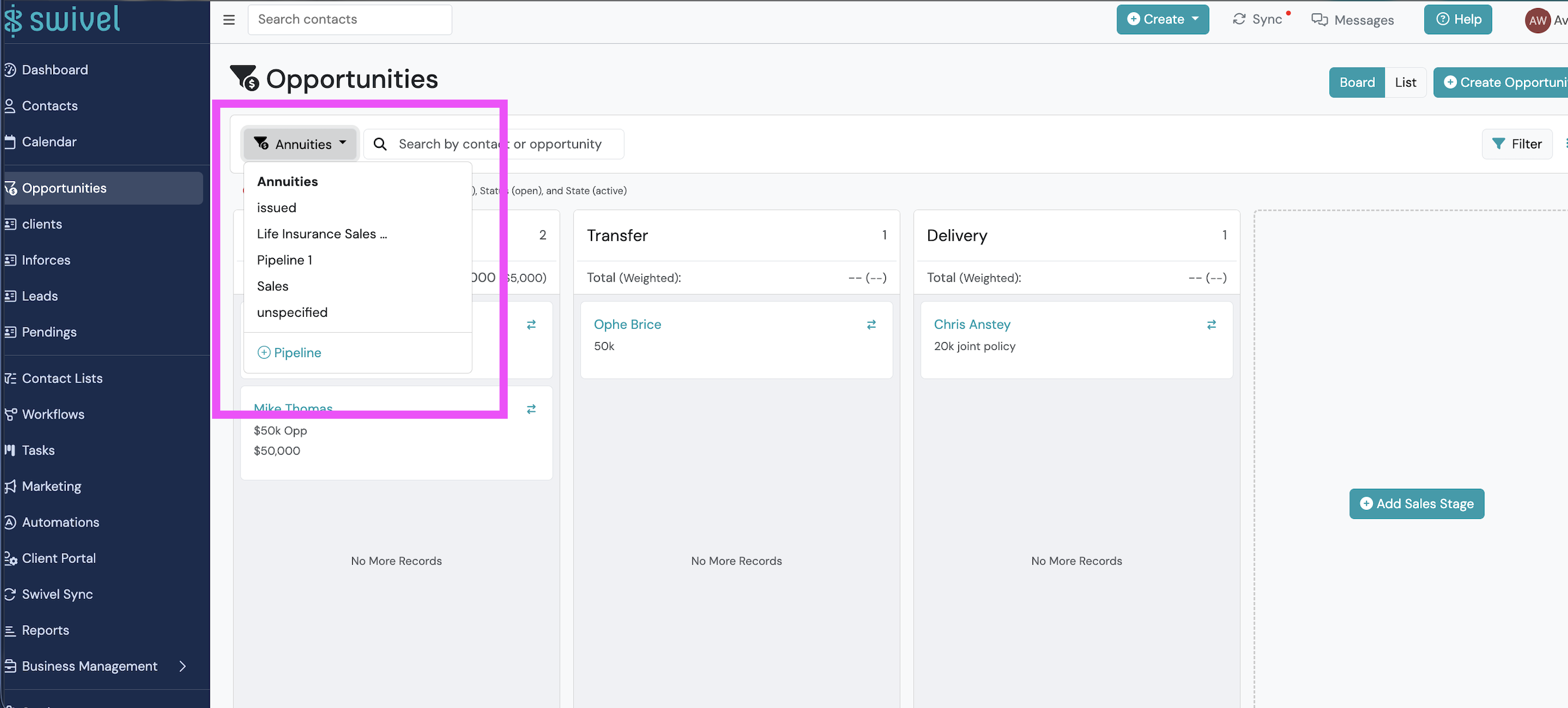 Screenshot: View Opportunities by Contact