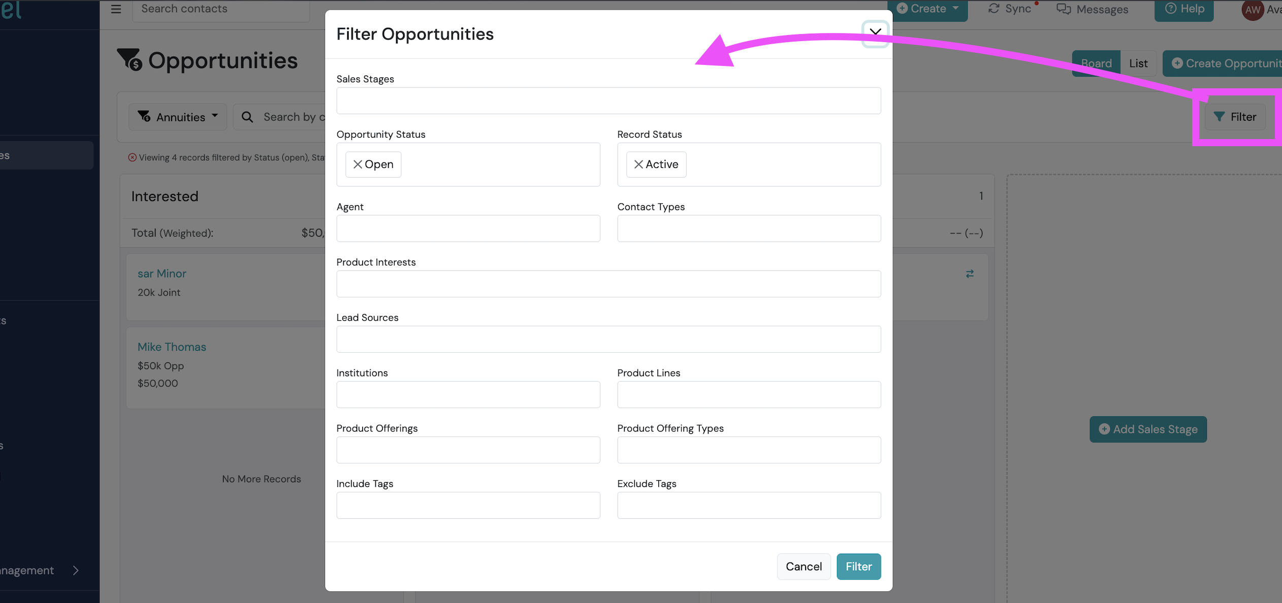 Screenshot: Filter Opportunities