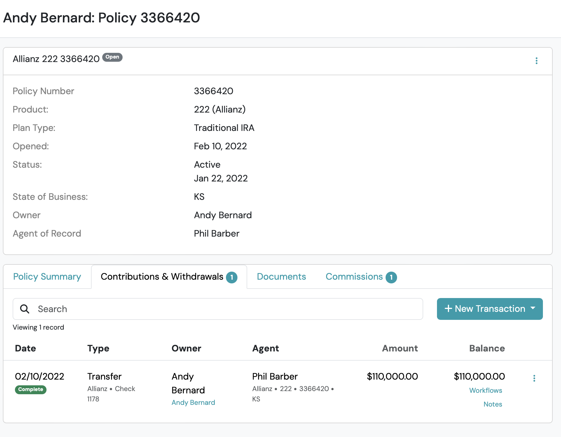 Screenshot: Contributions & Withdrawals
