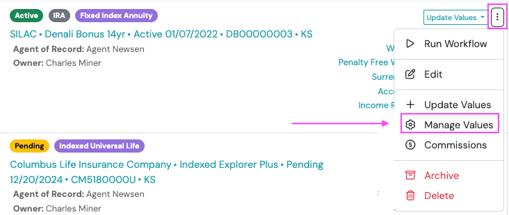Screenshot: Manage Values