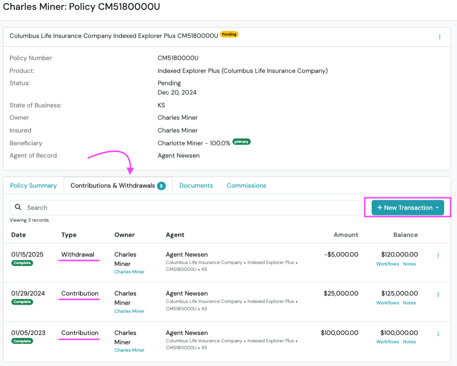 Screenshot: Contributions & Withdrawals