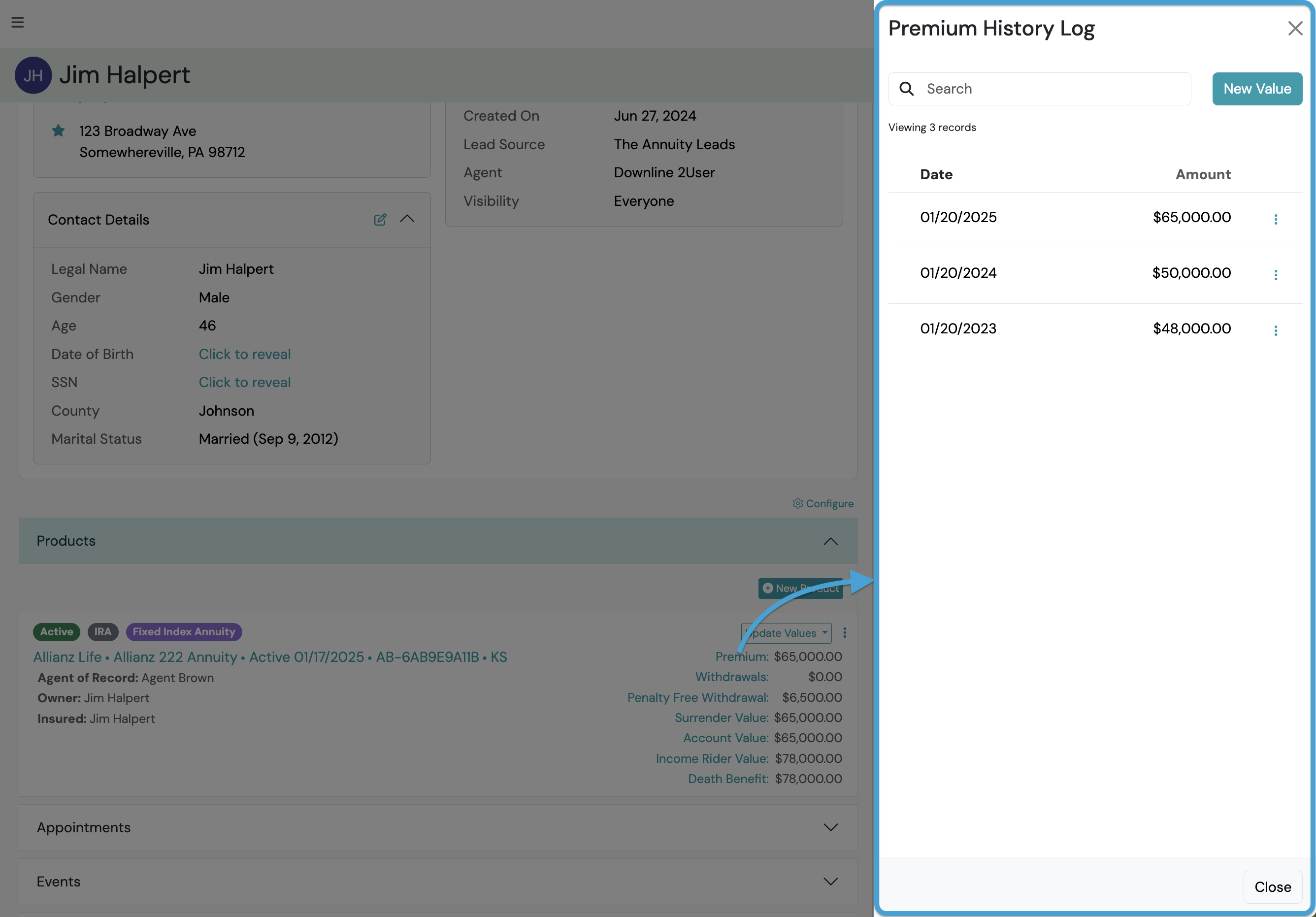 Screenshot: View Previous Value Entries