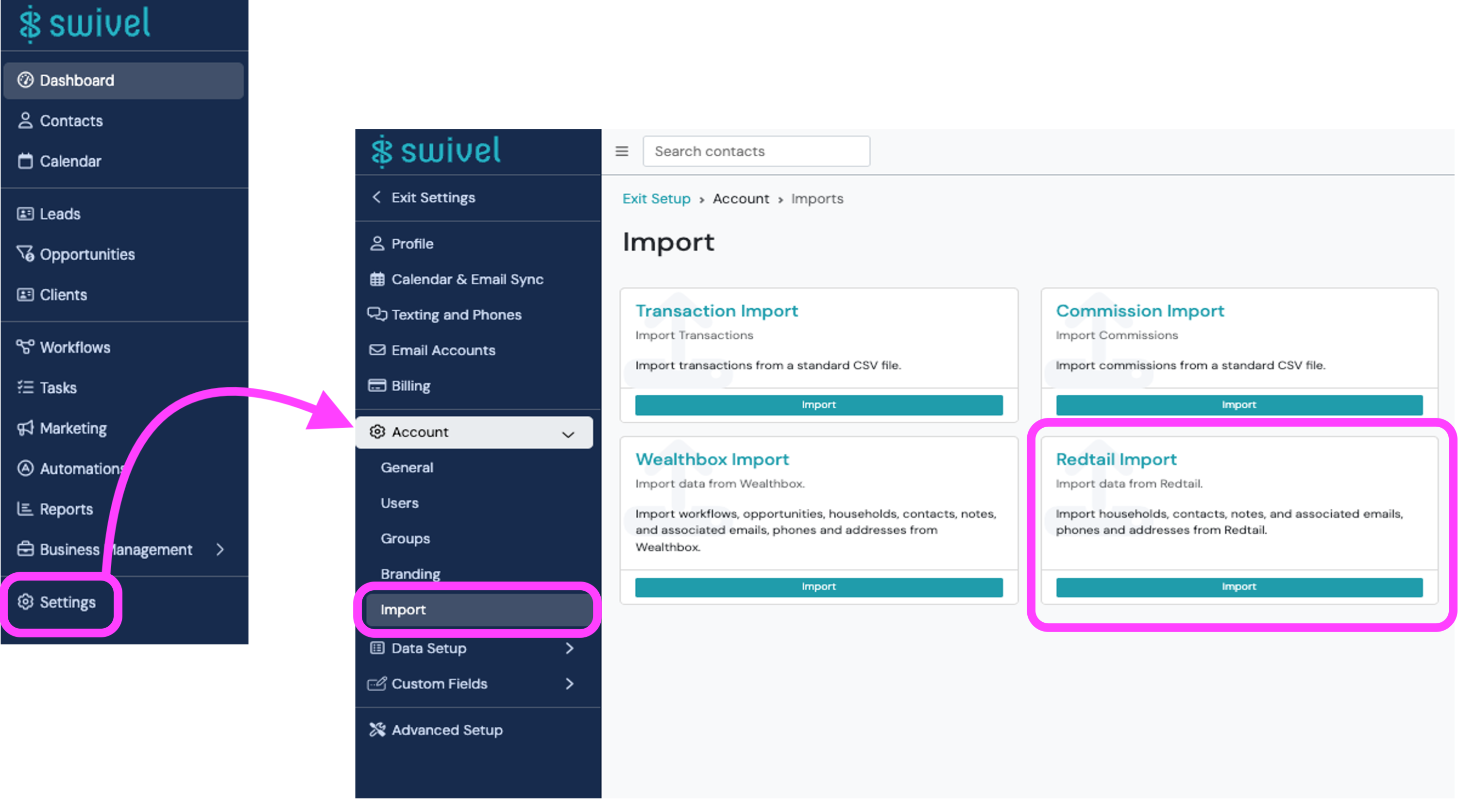 Screenshot: Step 2: Import Your Redtail Database Backup to Swivel