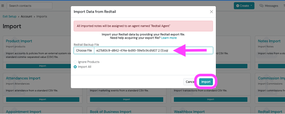 Screenshot: Step 2: Import Your Redtail Database Backup to Swivel