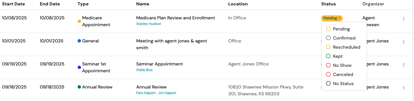 Screenshot: Updating Appointment Statuses