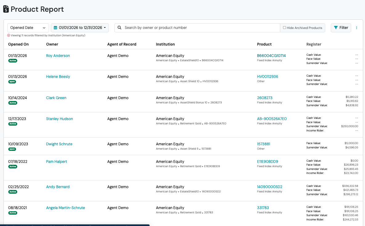 Screenshot: Product Report