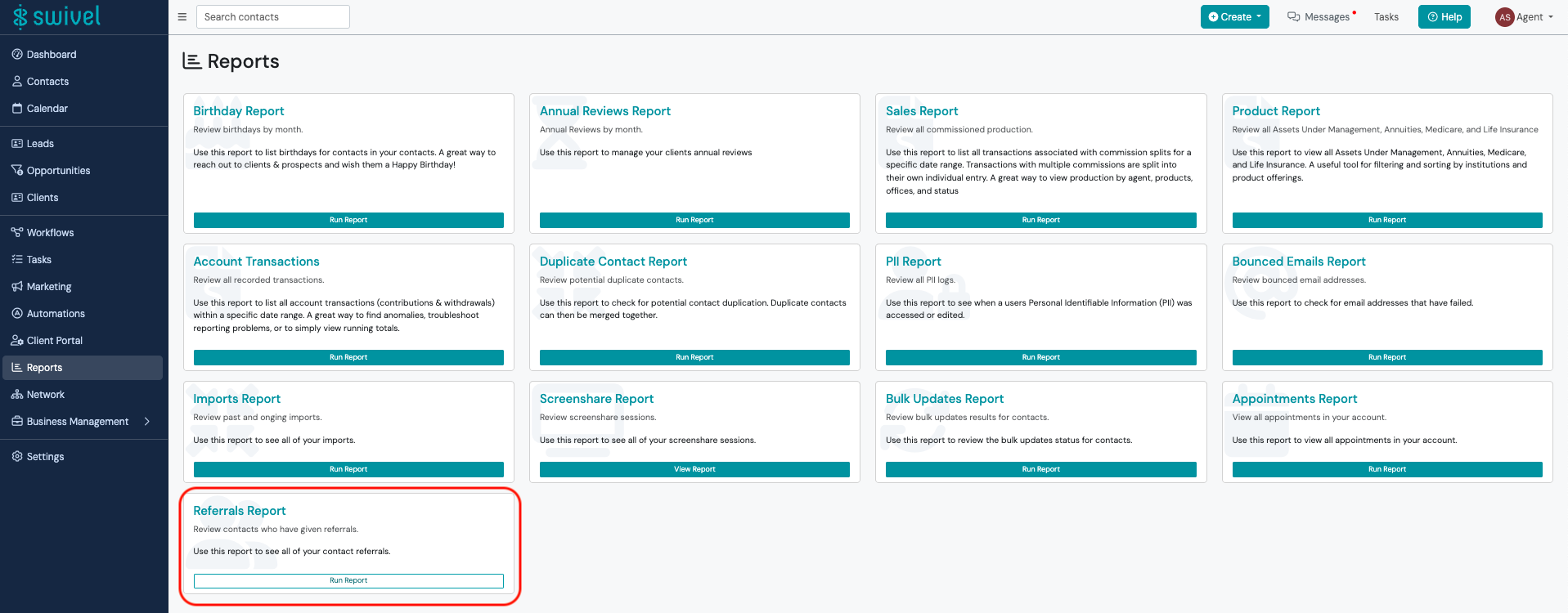 Screenshot: Referrals Report