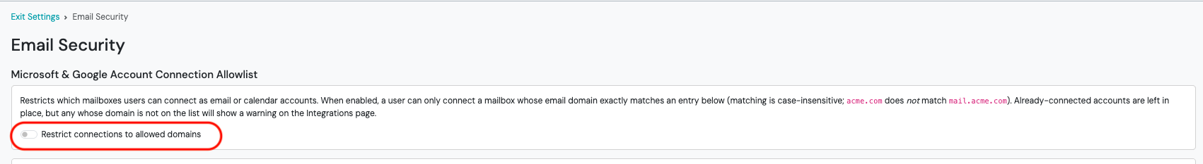 Screenshot: Step 1: Enable the ability to restrict email domain connections