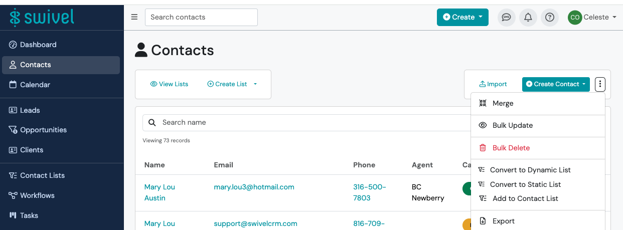 Screenshot: How do I export my contacts out of Swivel?