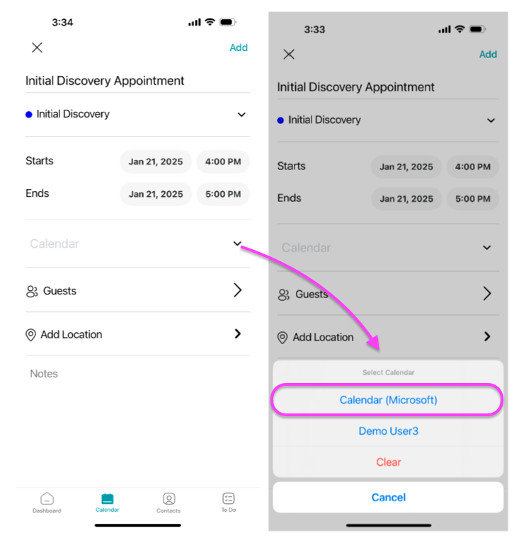 Screenshot: Create Appointment: with integrated MS365 or Google calendar