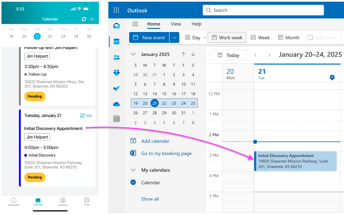 Screenshot: Create Appointment: with integrated MS365 or Google calendar