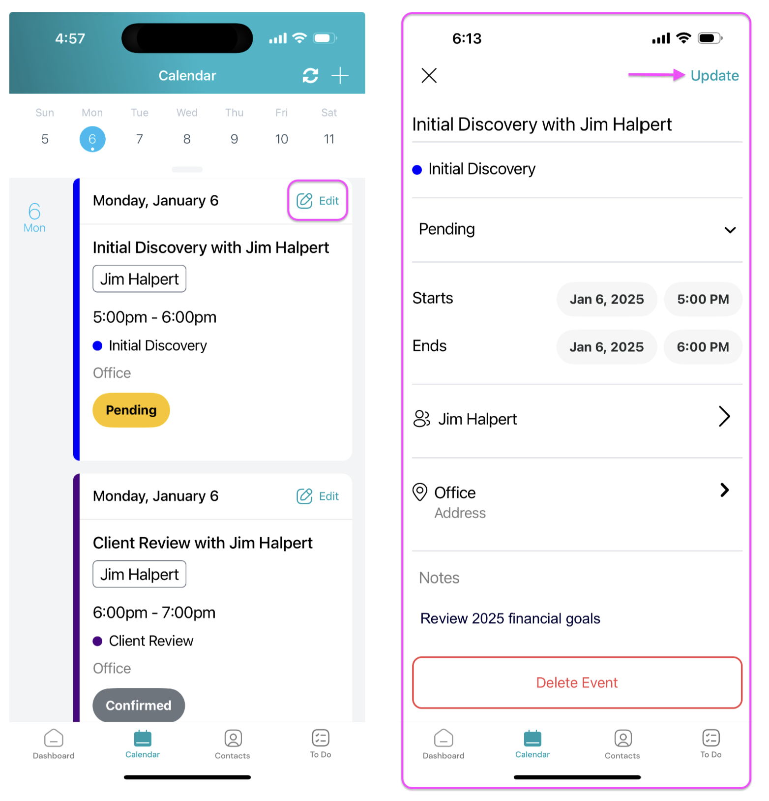 Screenshot: Edit Appointment