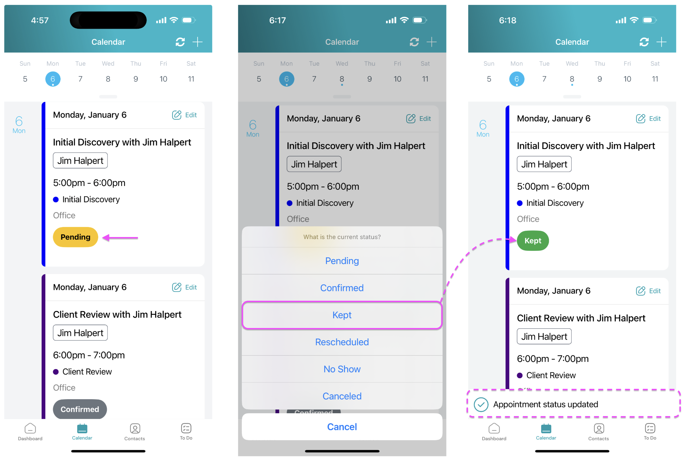 Screenshot: Update Appointment Status