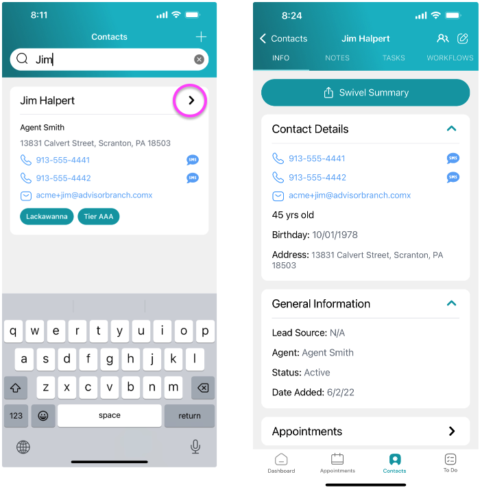 Screenshot: View Contact