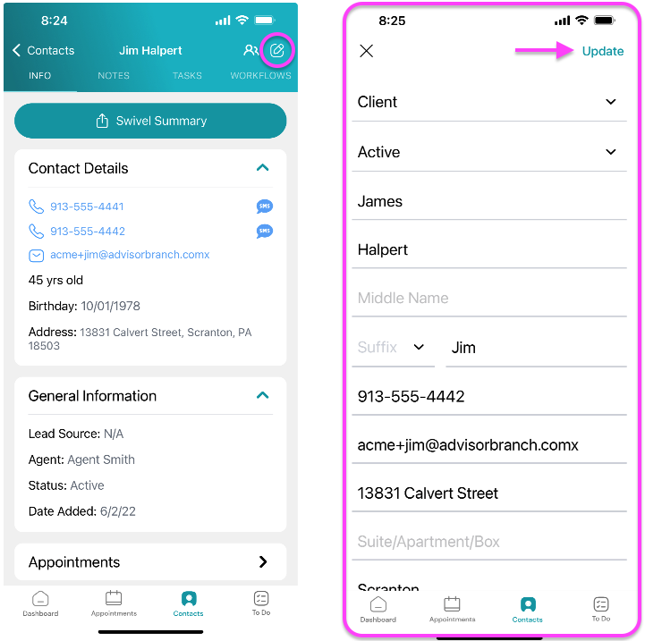 Screenshot: Edit Contact Details and General Information