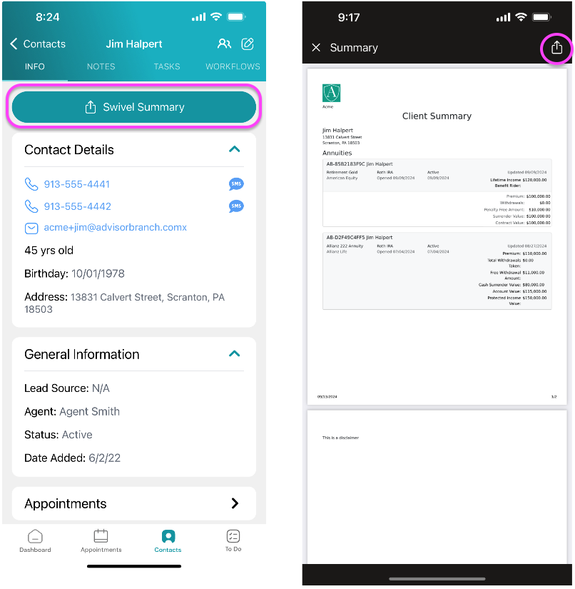 Screenshot: View & Share Swivel Summary