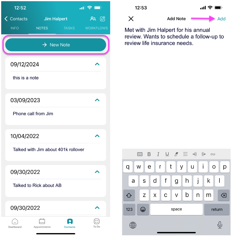 Screenshot: Add Note