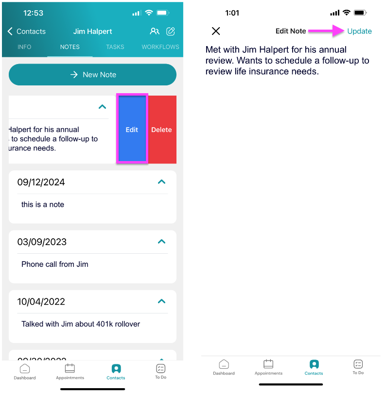 Screenshot: Edit and Delete Note