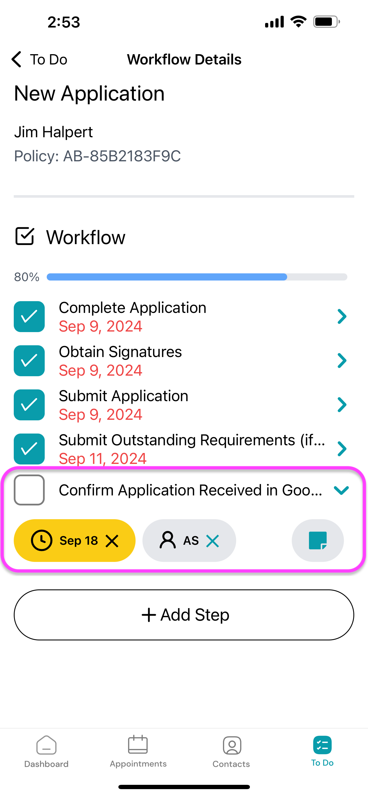 Screenshot: Manage Workflow Step