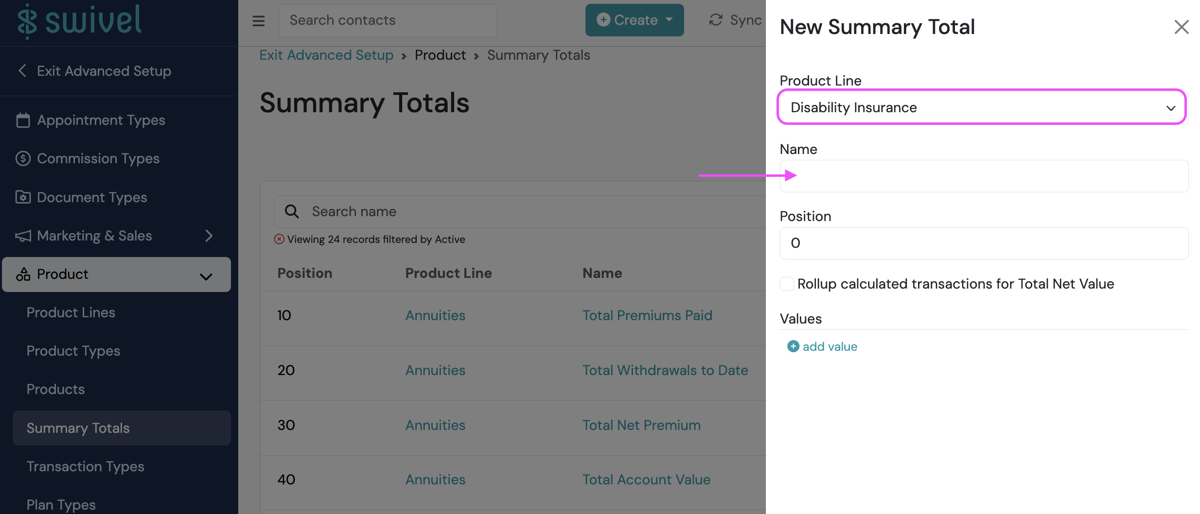 Screenshot: Can I create new summary totals for the Swivel Summary?