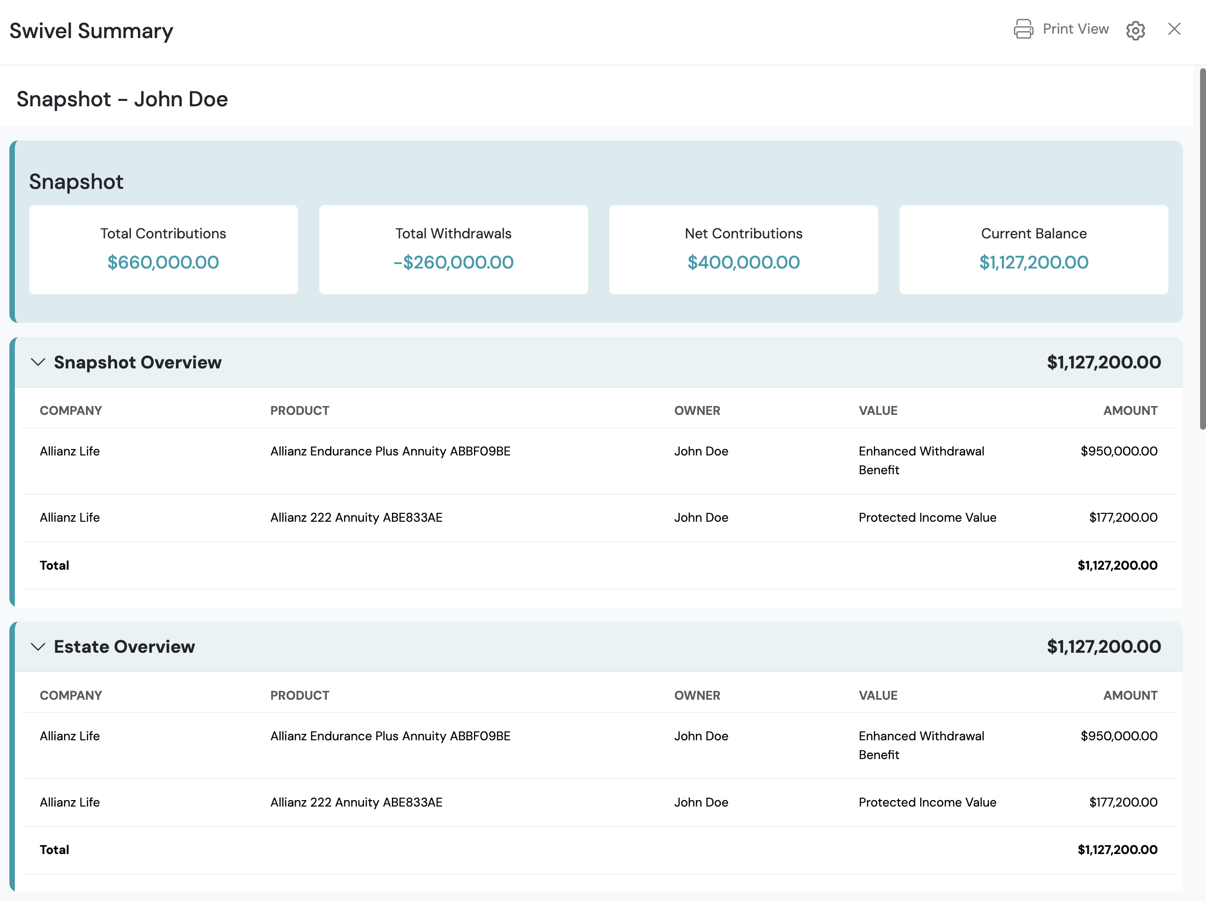 Screenshot: Snapshot Sections