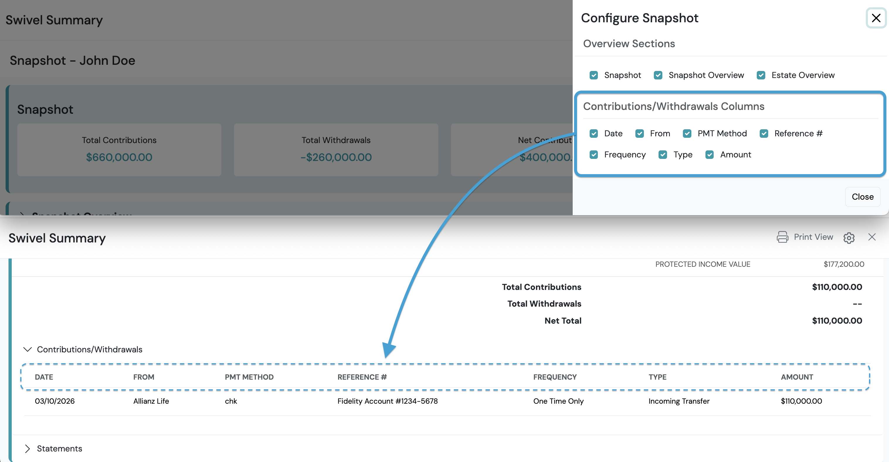 Screenshot: Contributions & Withdrawals Columns