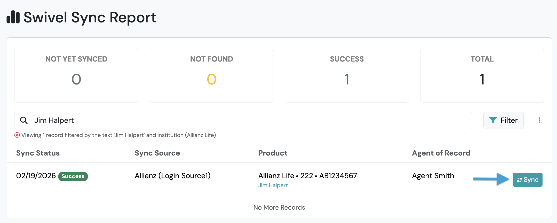 Screenshot: Force Sync from Swivel Sync Report