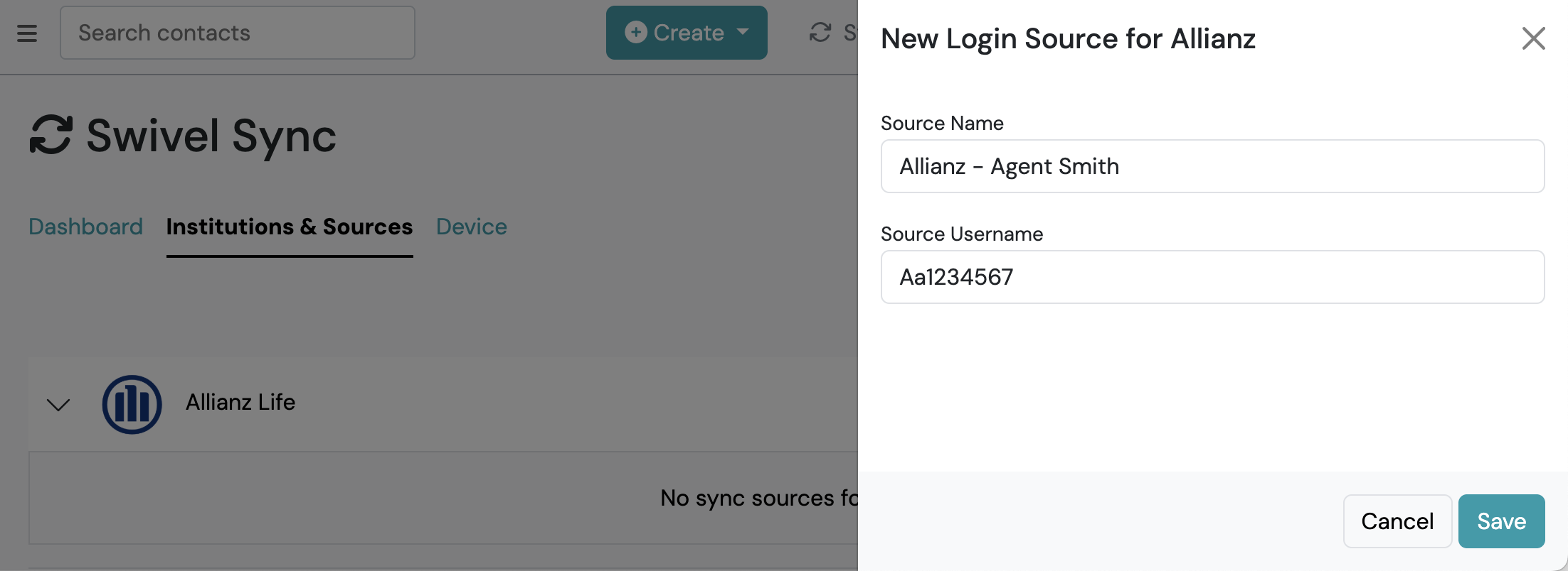 Screenshot: Step 2: Connect an Institution & Add a Login Source